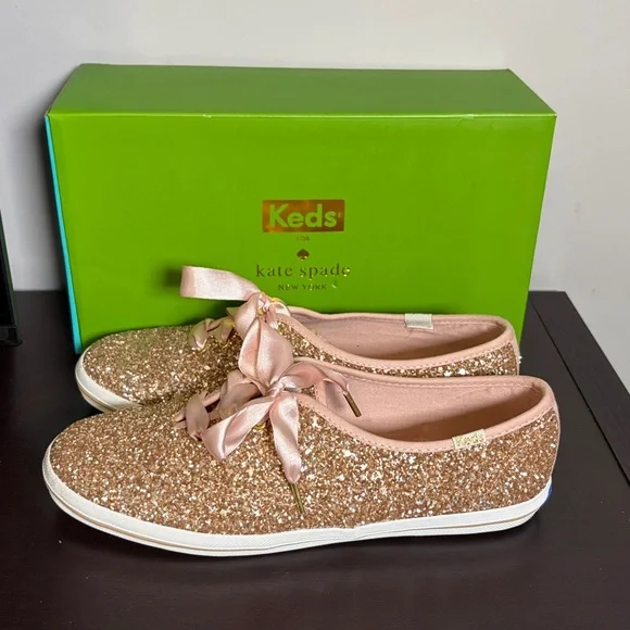 Kate Spade Rose Gold Glitter Sneaker Sparkle Sequin Wedding Sz 7 NEW - Picture 5 of 10